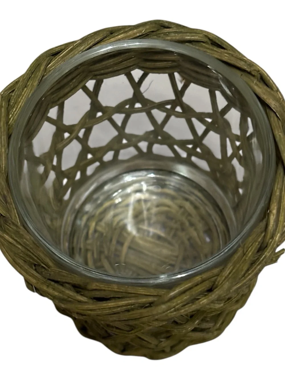 Vint Rustic Green Wicker Glass Tea Light Votive Candle Holder Avocado Seagrass